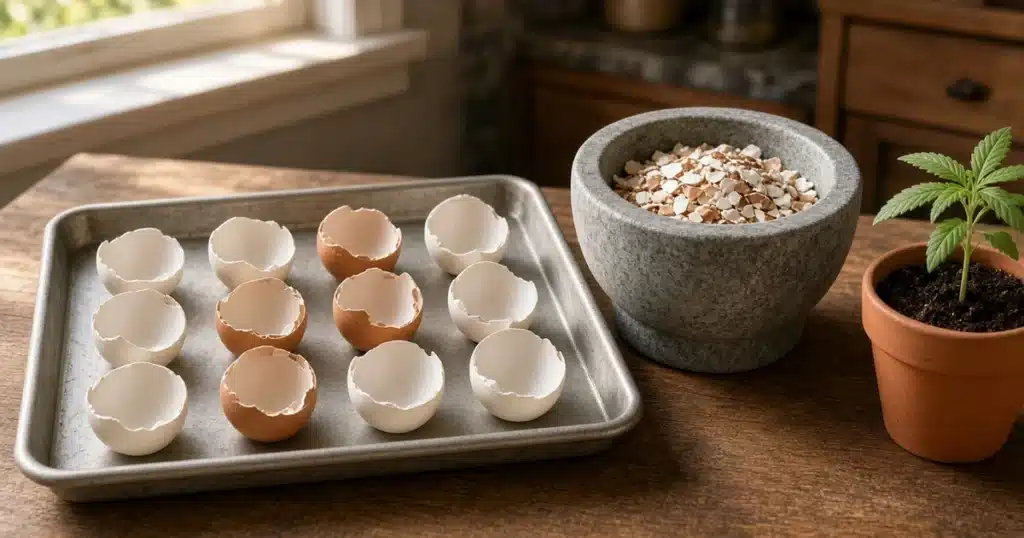 Dried eggshell halves on a baking tray beside a stone mortar of crushed shell and a potted cannabis seedling