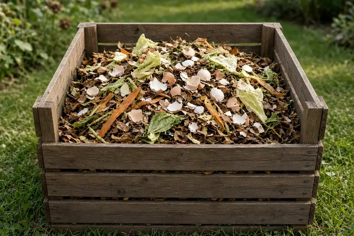 Compost heap in a wooden bin with pale eggshell pieces mixed among brown leaves and scraps