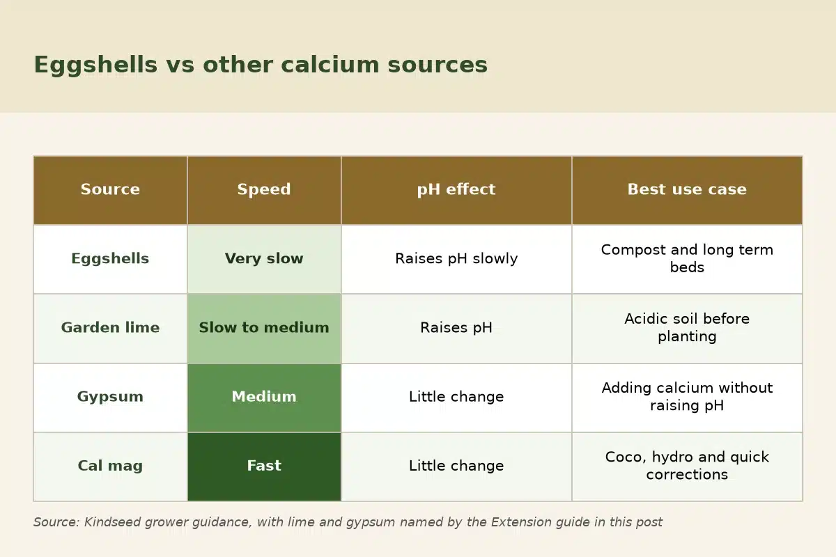 Chart comparing eggshells, garden lime, gypsum and cal mag on speed, pH effect and best use