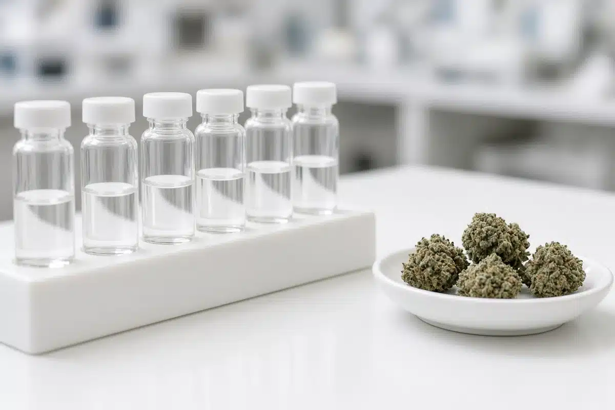 Unlabeled glass vials in a rack beside a small dish of cured cannabis buds on a white lab bench