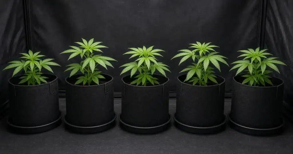 Fabric Pots for Cannabis: young plants in black fabric pots on saucers