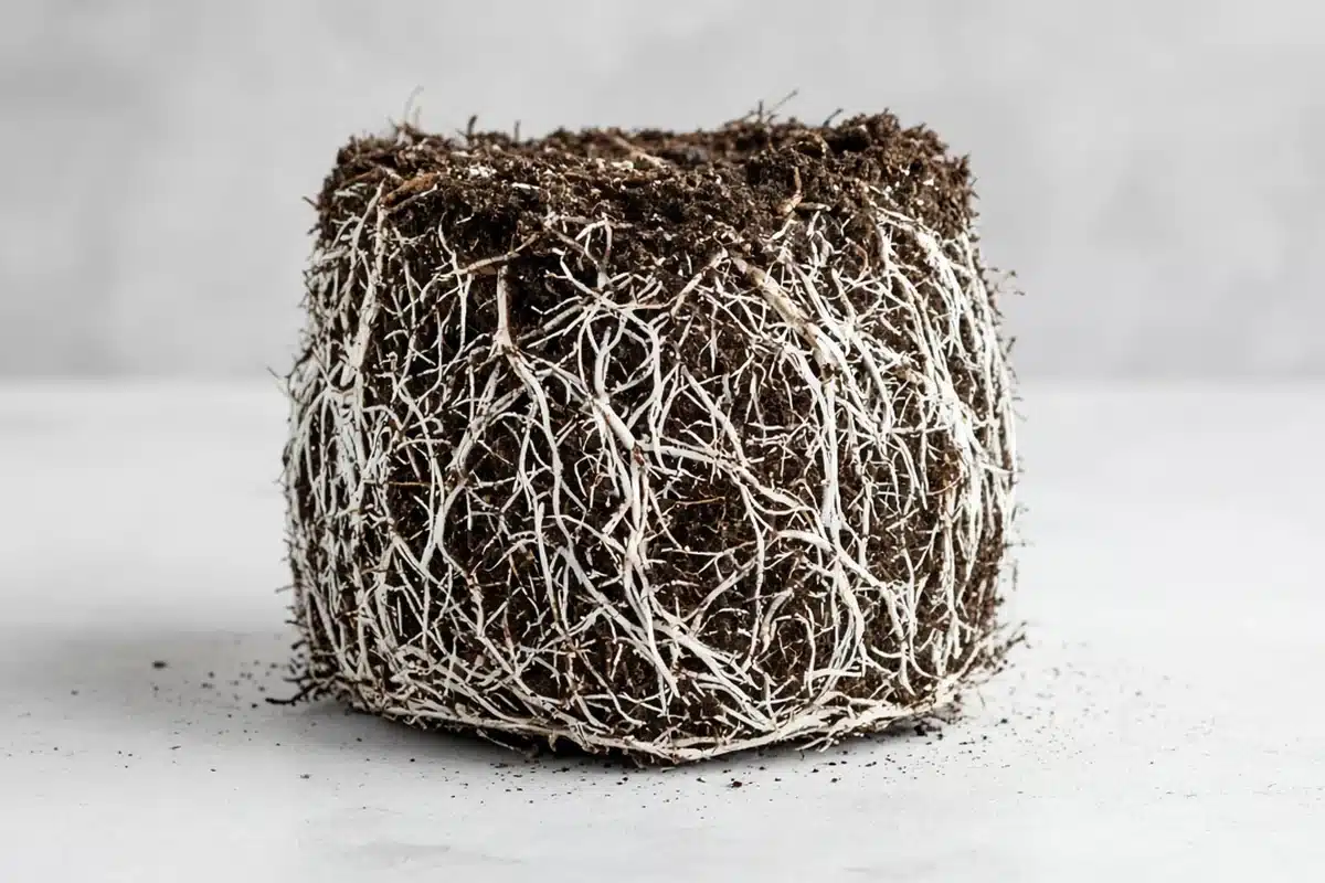 Root ball from a fabric pot with fine white roots at the edges