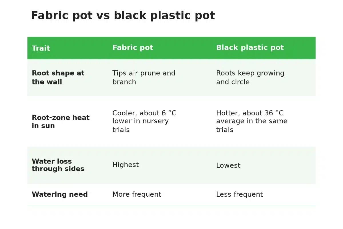 Table comparing fabric and black plastic pots for root temperature, drying and root shape