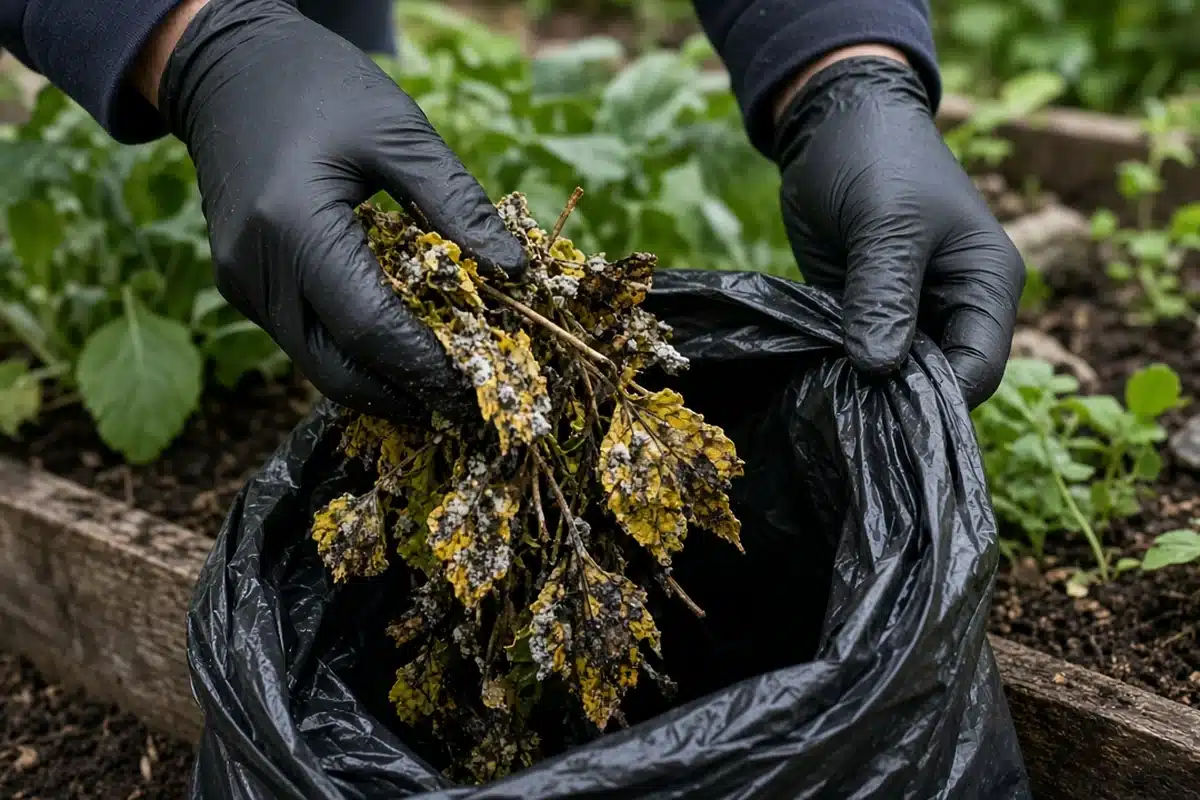 Diseased plant debris being bagged for the trash beside a garden bed