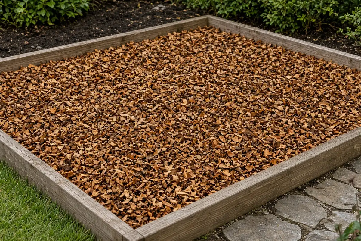 Shredded autumn leaves covering a cleared garden bed for winter