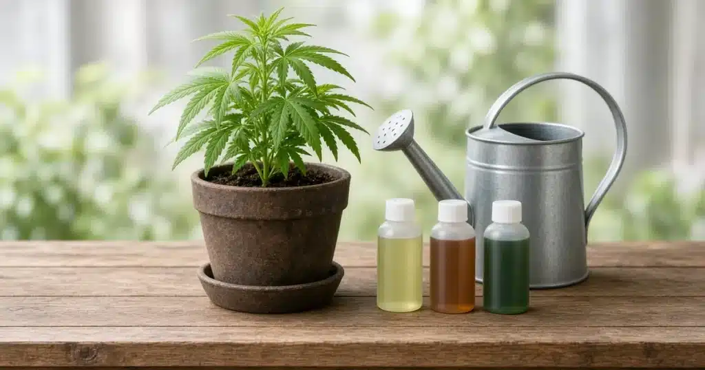 Potted cannabis plant with a watering can and three unlabeled nutrient bottles