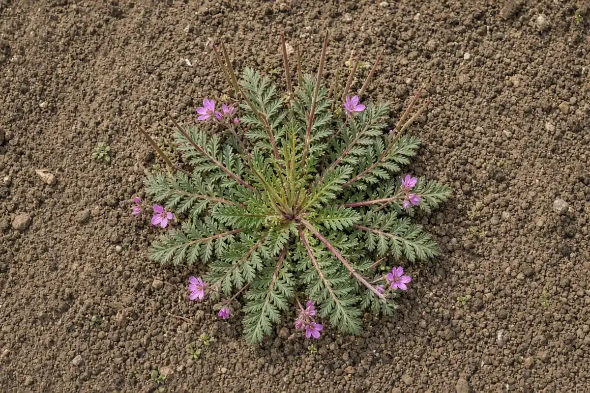 Filaree flat rosette of fern-like leaves with small pink flowers on soil