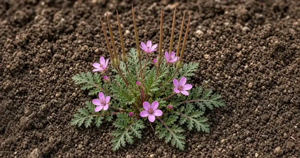 Filaree rosette with fern-like leaves and small pink flowers on soil