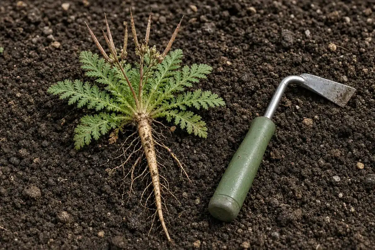 Pulled filaree rosette with taproot beside a green-handled hoe