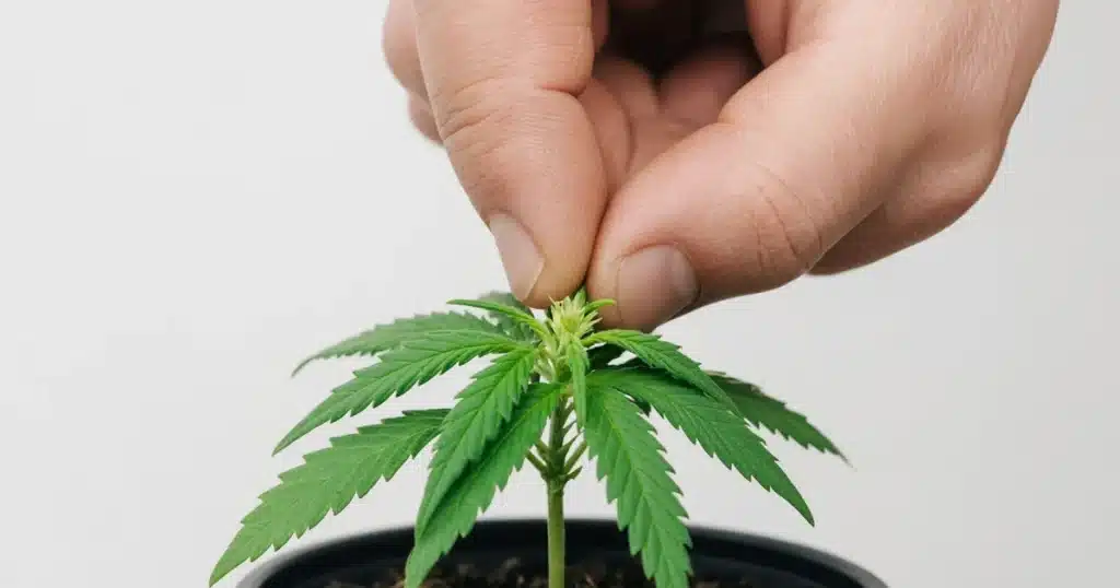 Fimming Cannabis: pinching most of the newest shoot tip on a young plant