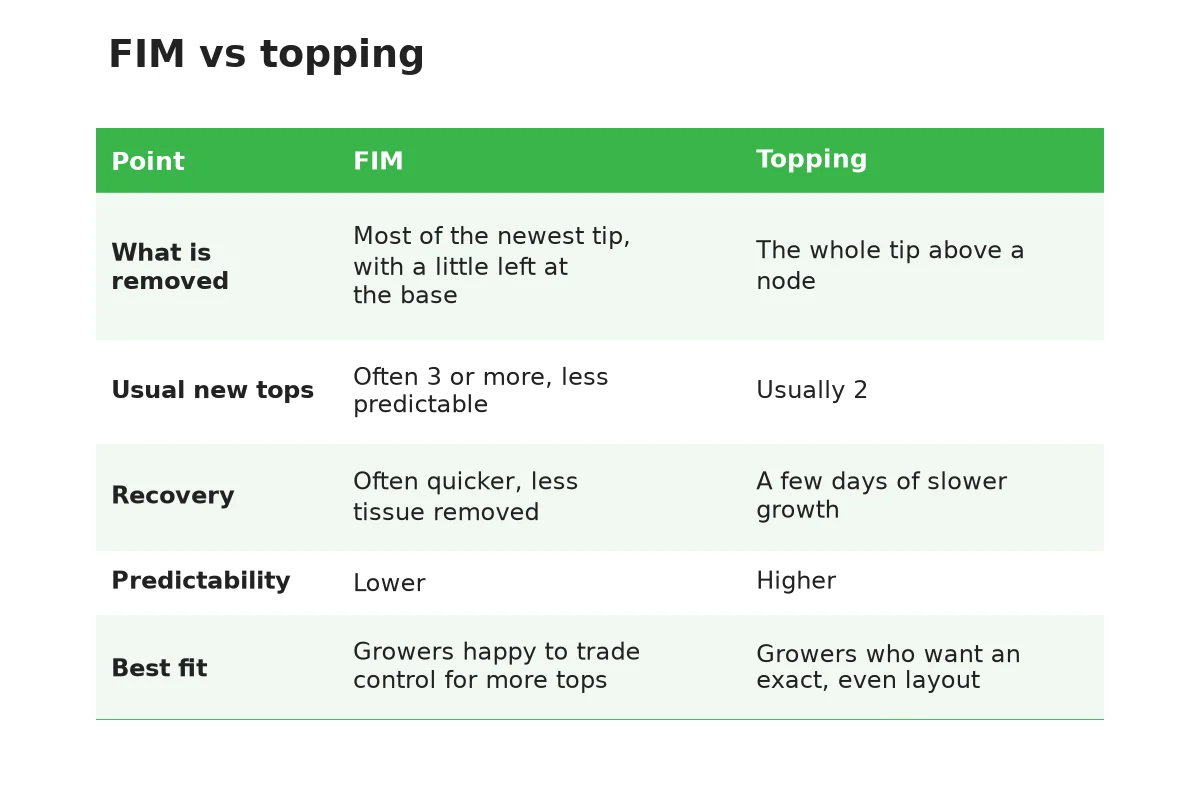 Table comparing fimming and topping for cannabis plants