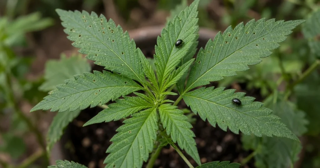 Young cannabis leaves peppered with tiny shot holes from flea beetles