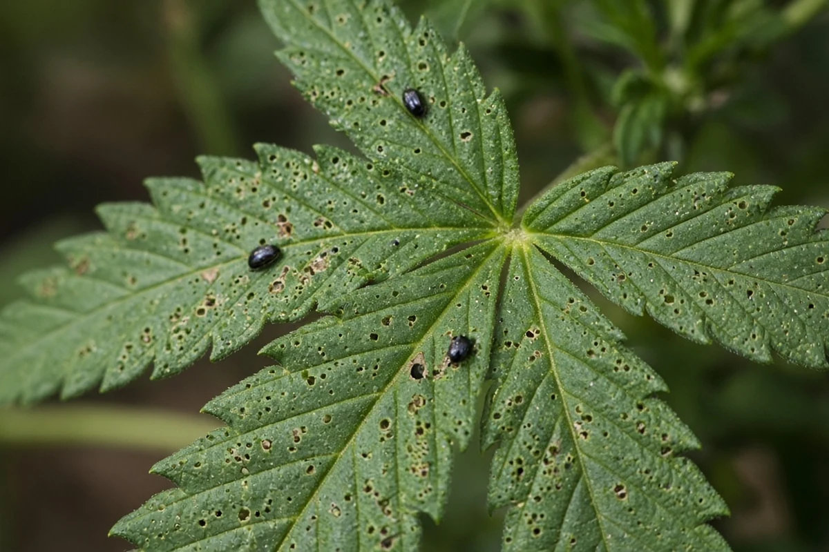 Young leaf peppered with tiny round shot holes and a few small shiny flea beetles