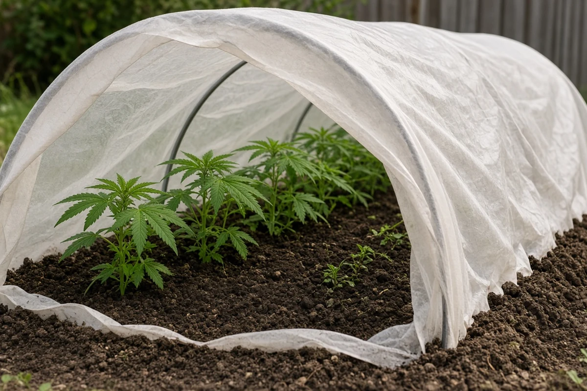 Lightweight row cover draped over hoops above young plants with its edges secured to the ground