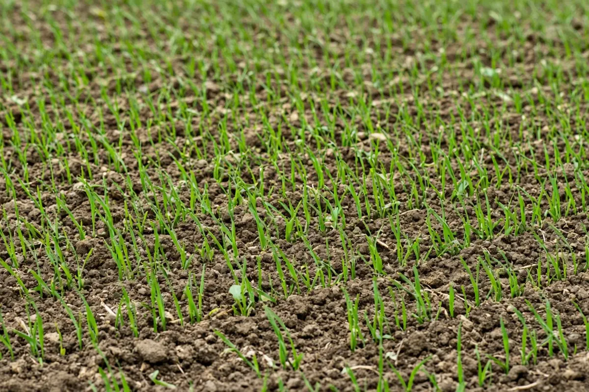 Young oat cover crop growing across a garden bed after a flood