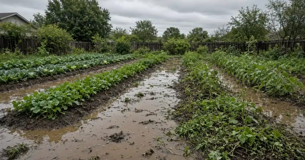 Flooded cannabis garden: a backyard bed with standing water between the rows