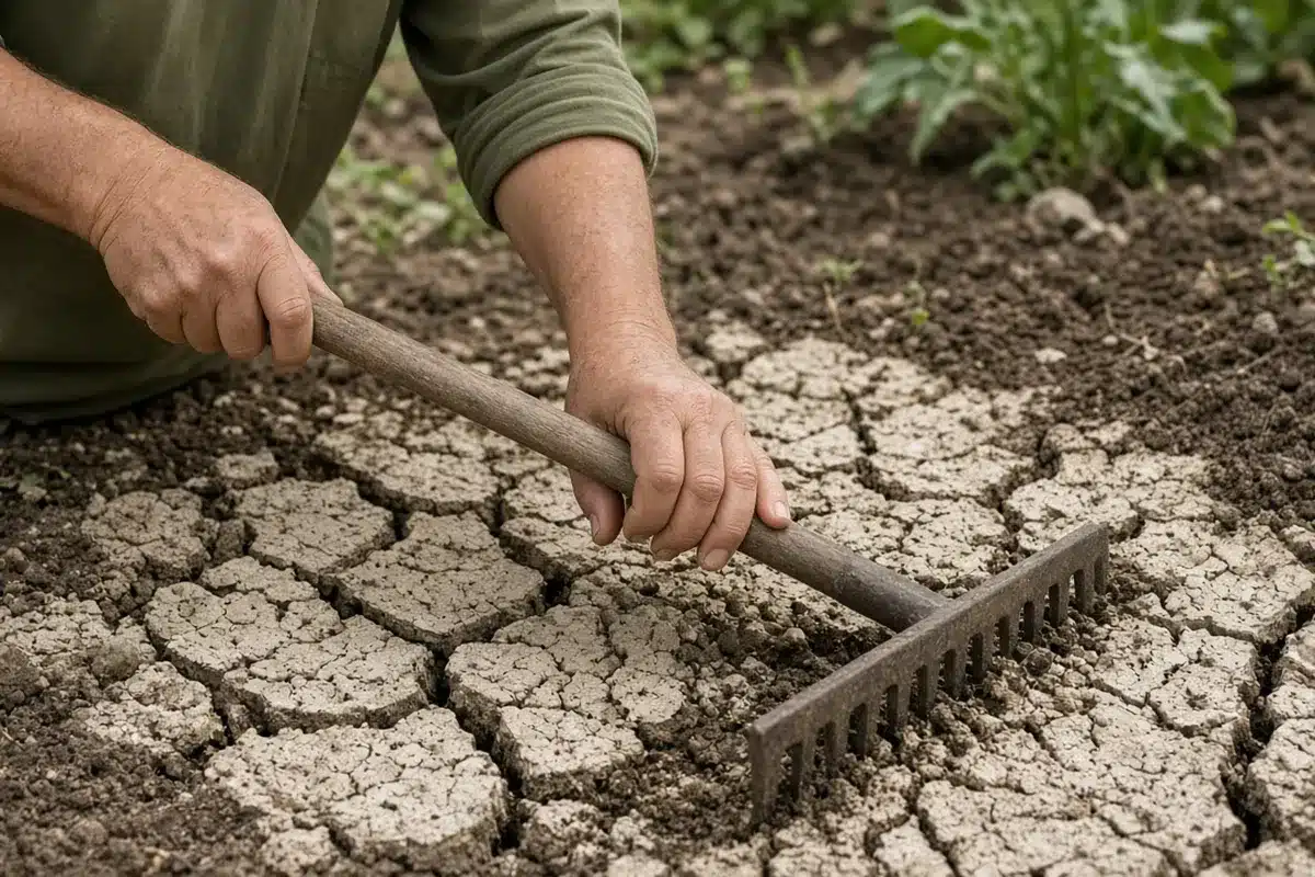 Gardener raking dried silt off a garden bed after a flood