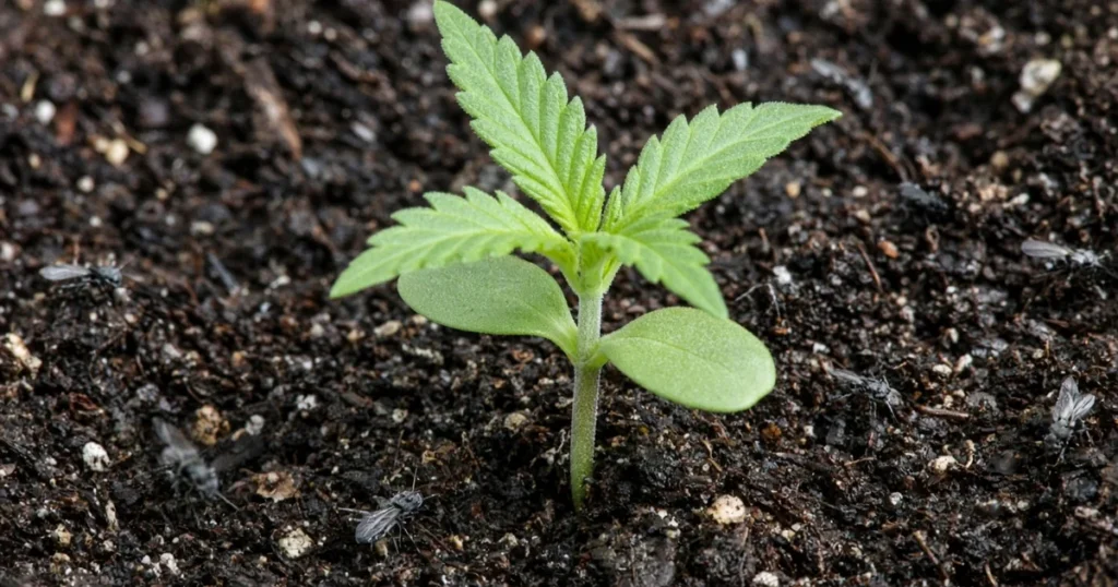 Dark fungus gnats resting on damp potting mix around a cannabis seedling