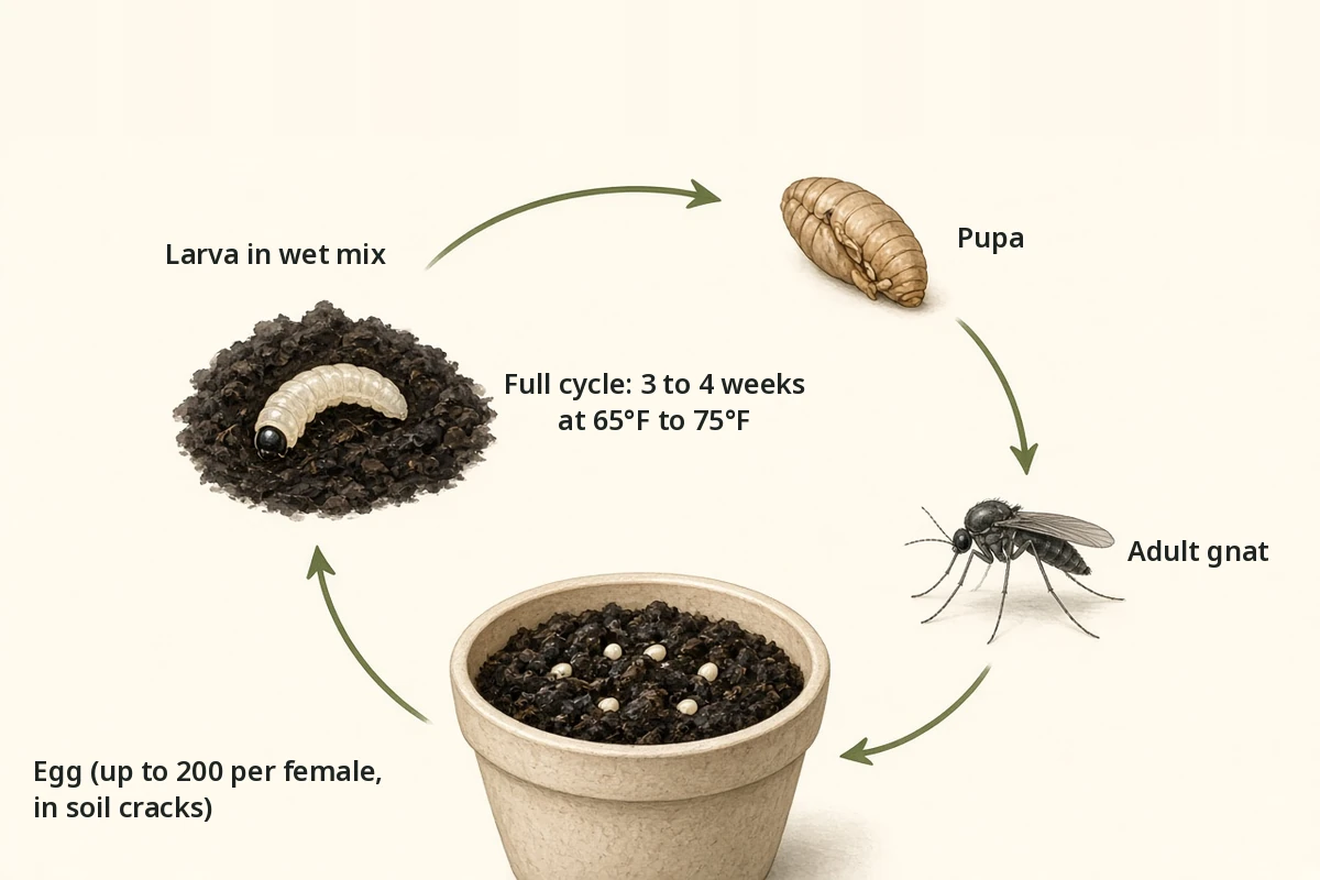 Circular chart of the fungus gnat cycle from egg to adult in about three to four weeks