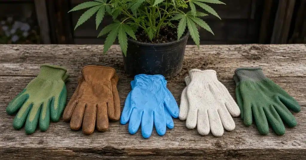 Five garden gloves laid flat on a weathered wooden bench: green coated, brown leather, blue nitrile, white cotton knit and green coated, with a potted cannabis plant behind