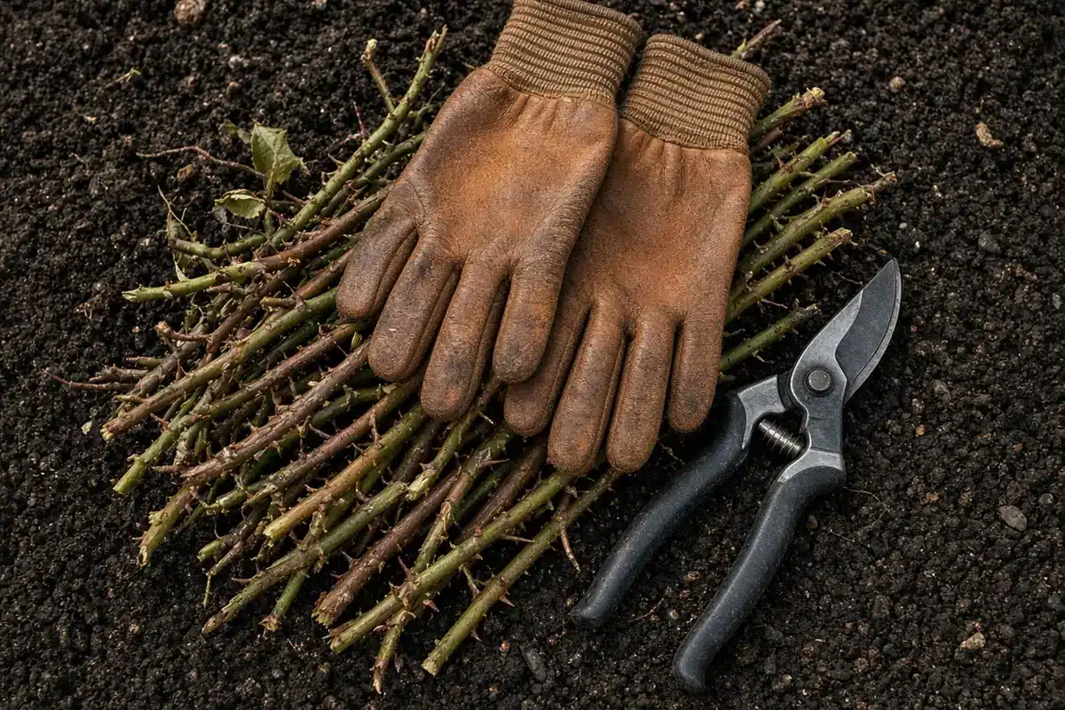 Pair of worn brown leather garden gloves on a bundle of thorny cuttings next to pruning shears on dark soil