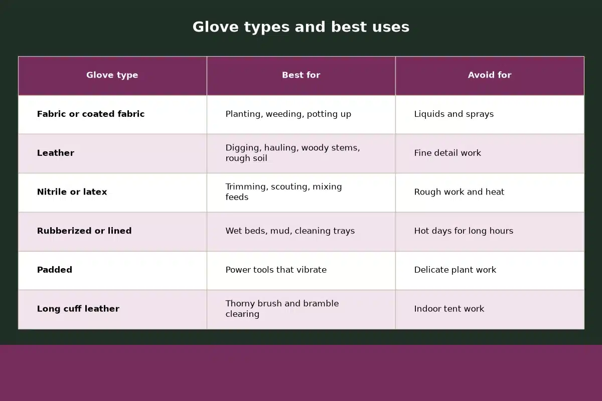 Table chart titled Glove types and best uses, comparing best for, avoid for for each glove type