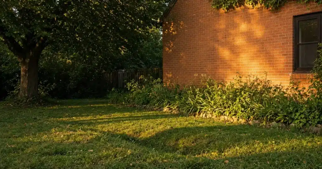 Backyard with a warm sunlit brick wall and a shaded corner under a tree