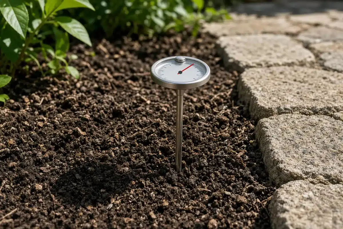 Garden thermometer in soil near a patio to compare warm spots