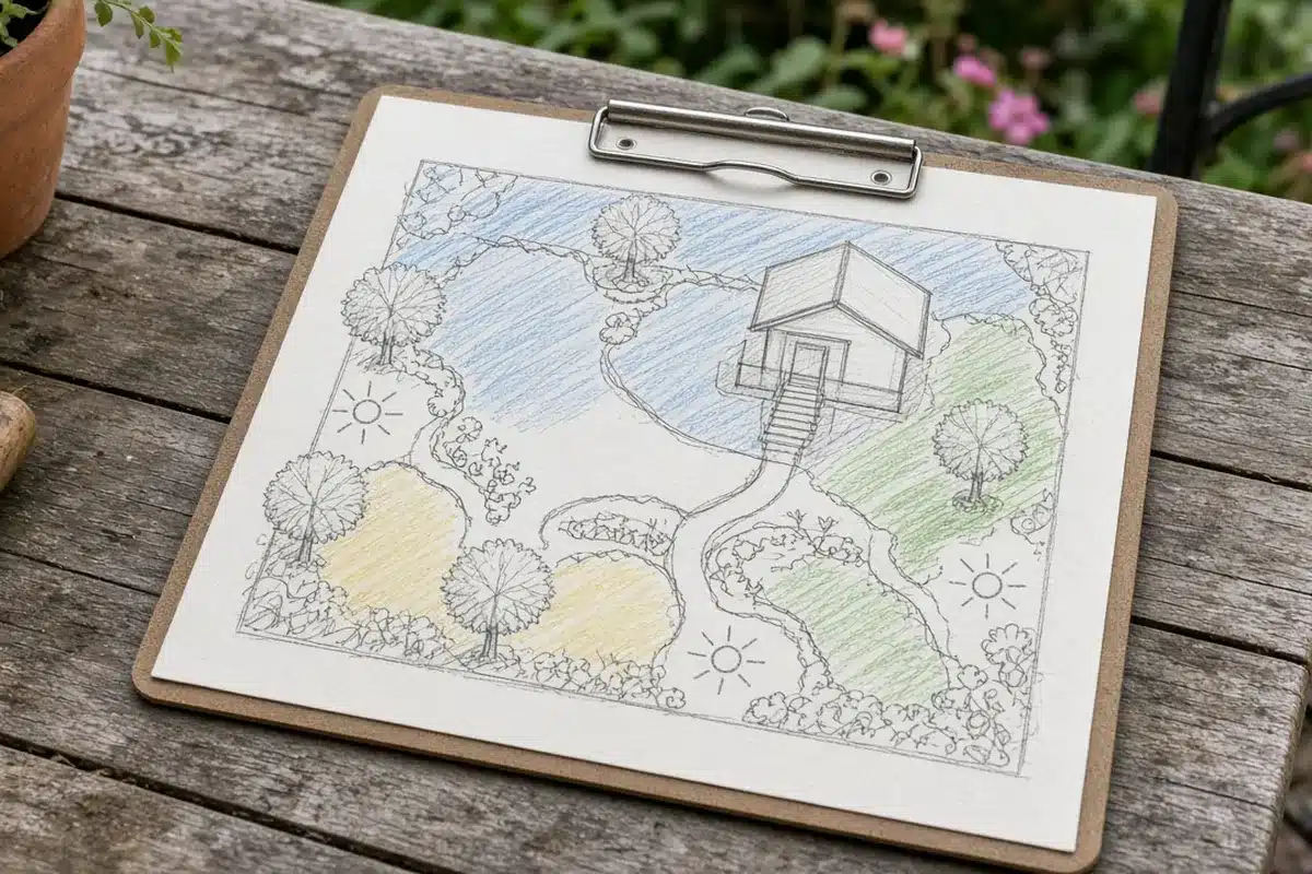 Hand-drawn yard map showing sun and shade at different times of day