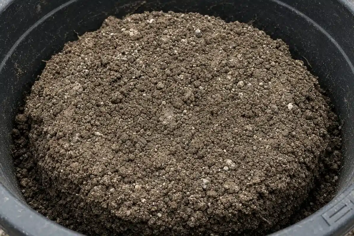 Dry garden soil pulled away from the sides of a container