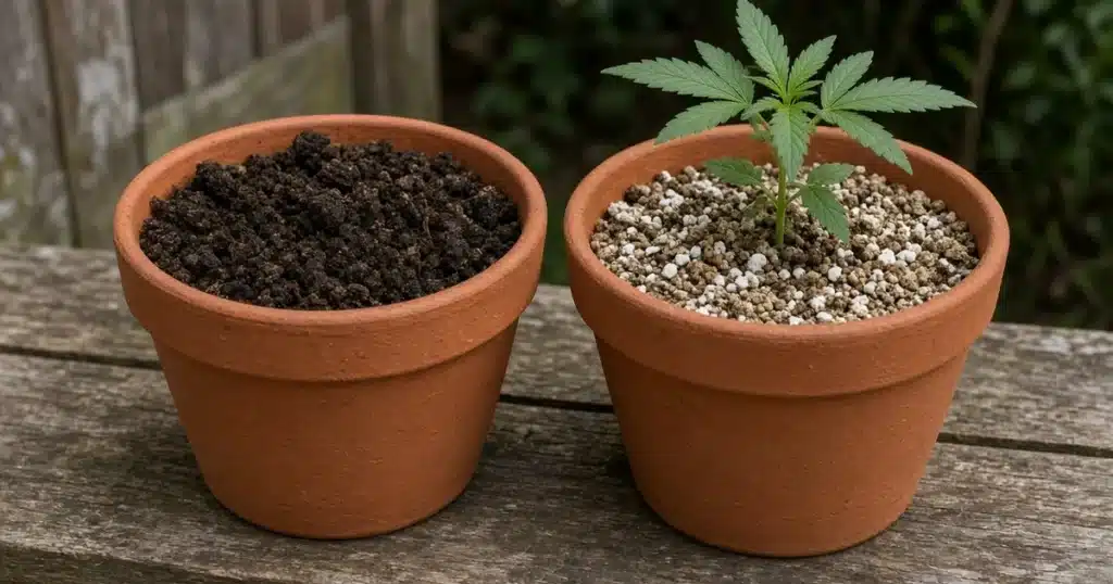 Garden soil vs potting mix: a pot of dense garden soil beside a pot of light potting mix