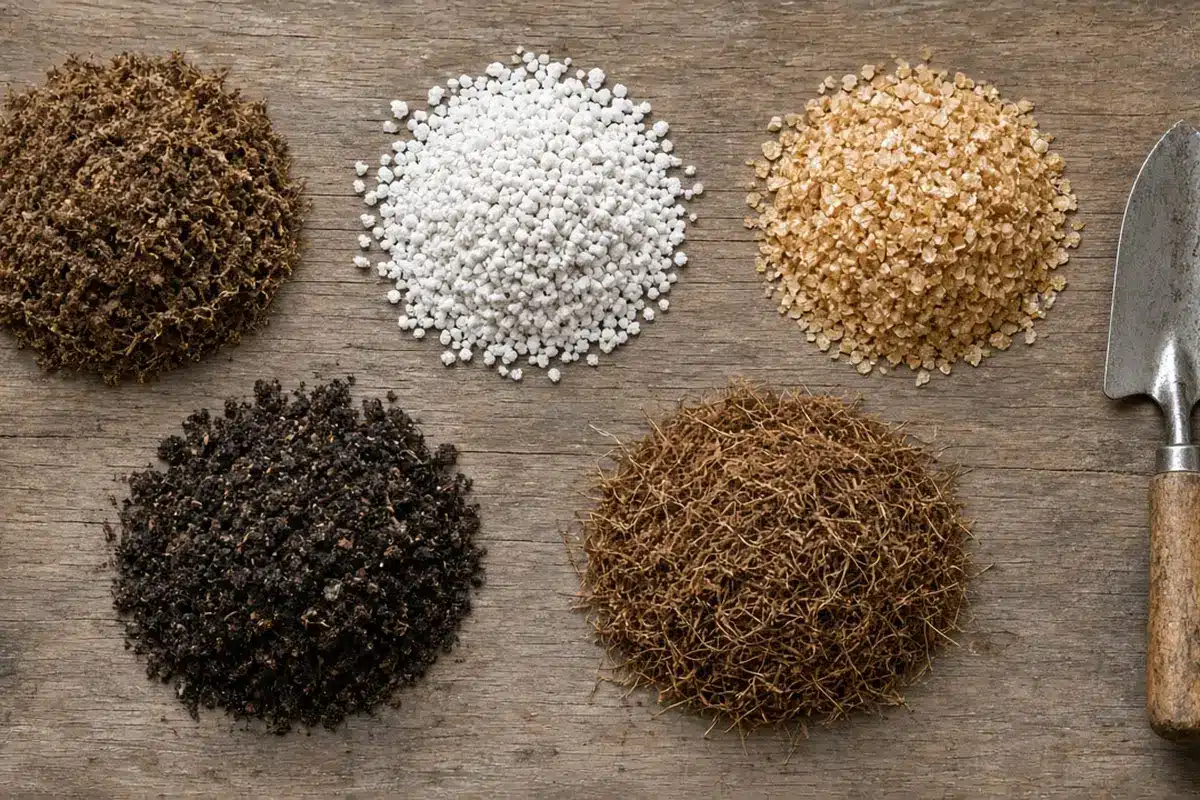 Piles of common potting mix ingredients on a potting bench