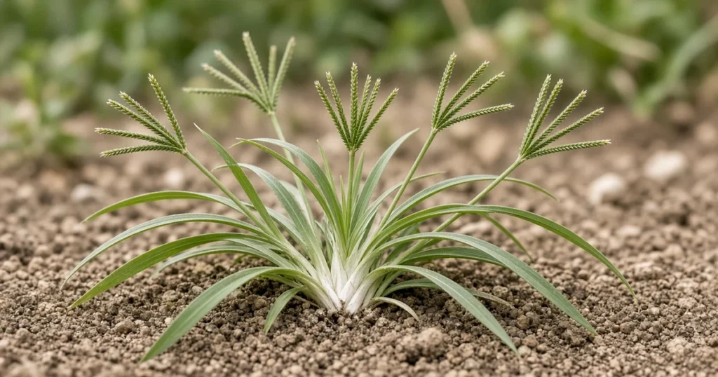 Flat clump of goosegrass with a silvery white center and zipper like seed heads in packed garden soil