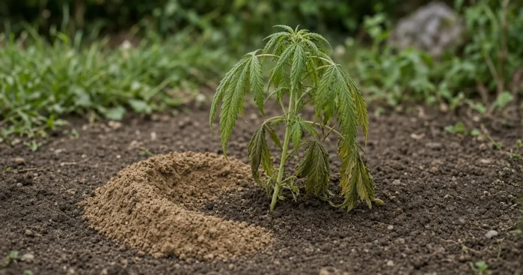 Fresh crescent shaped gopher mound next to a wilting cannabis plant