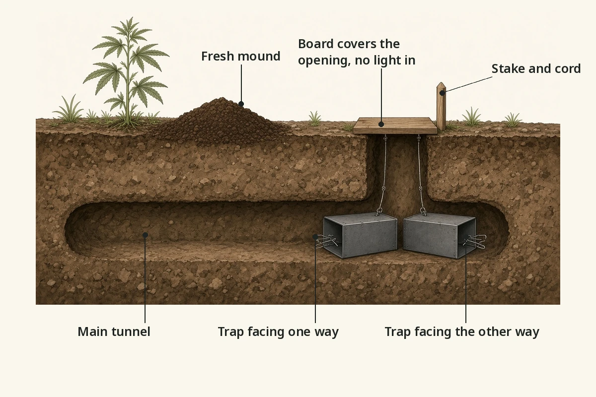 Cross section of a gopher tunnel with two traps set facing opposite directions