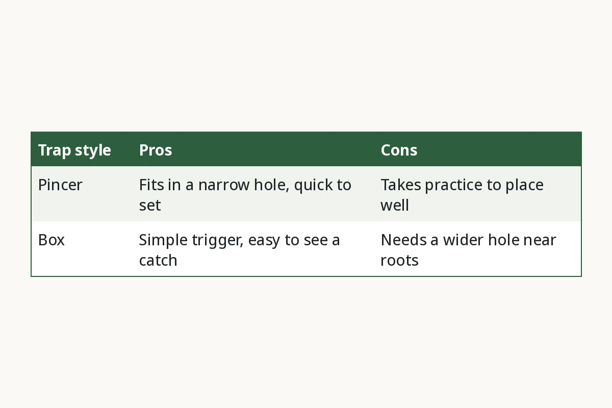 Three column chart comparing pincer and box gopher traps by trap style, pros and cons