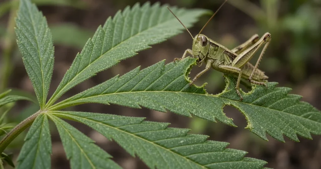 Grasshopper chewing the edge of an outdoor cannabis leaf