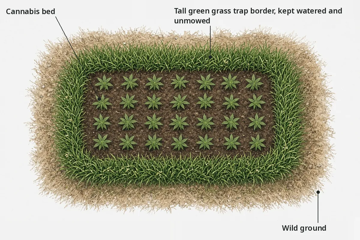 Top view of a cannabis bed ringed by a tall green grass border