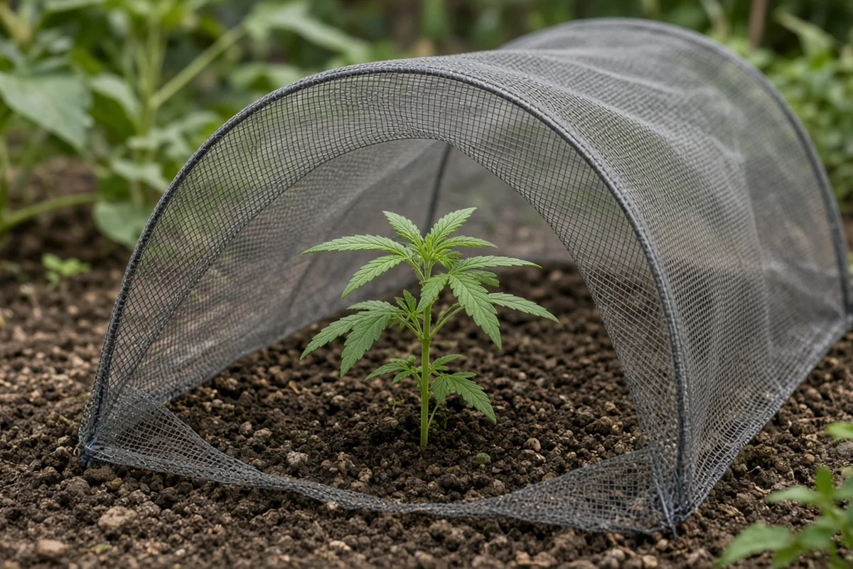 Metal window screen draped over wire hoops around a young cannabis transplant