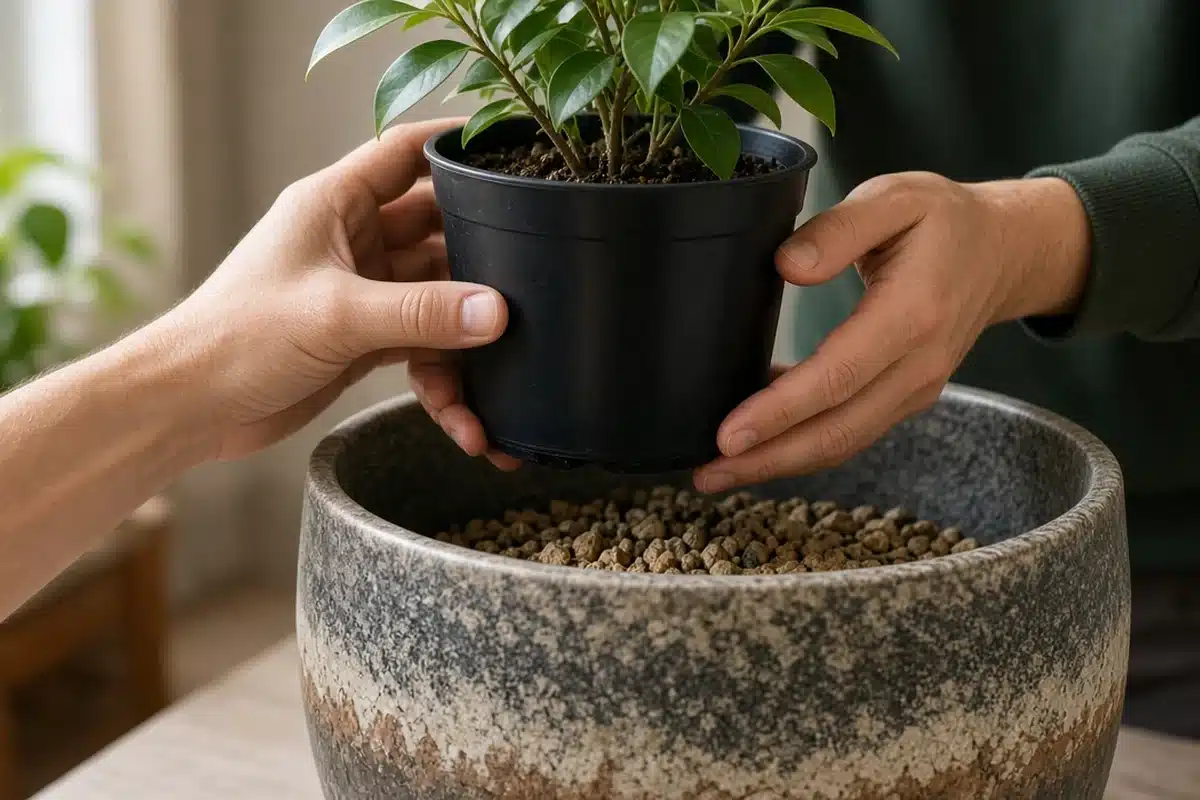 Plastic liner pot lifted from a decorative outer pot with gravel in its base