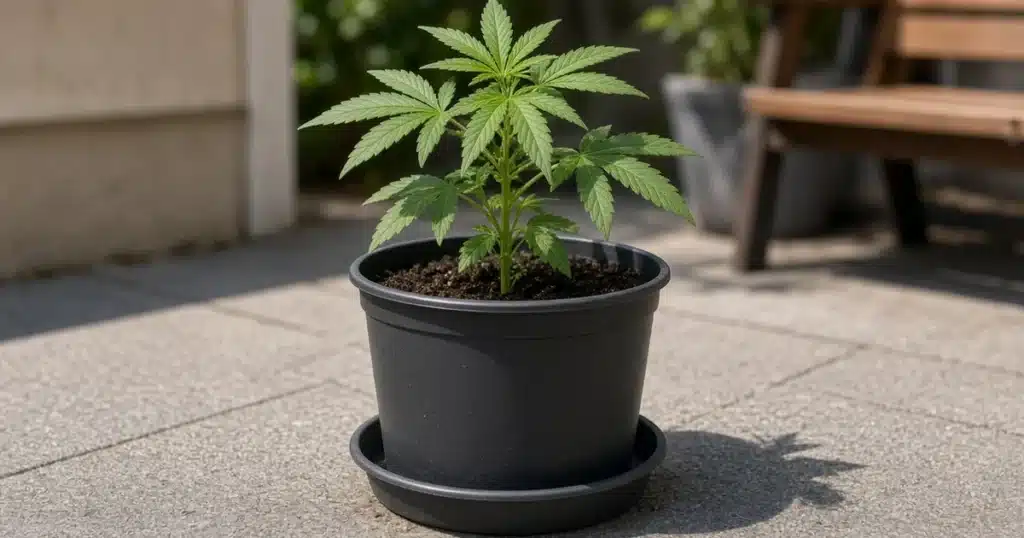 Gravel in the bottom of pots: a young cannabis plant in a pot on a detachable saucer