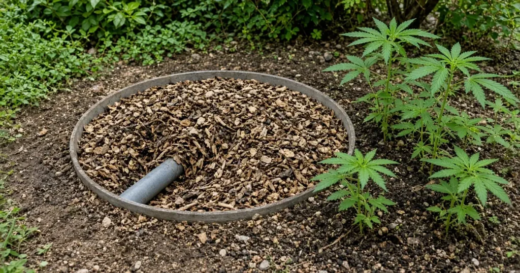 Laundry graywater line running into a mulch basin beside young cannabis plants in a backyard garden
