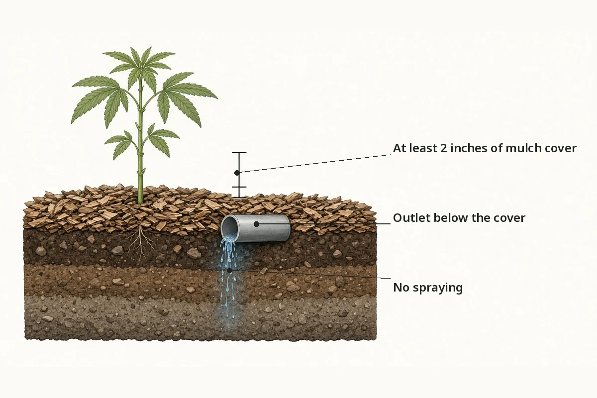 Cross section of a graywater outlet discharging under at least 2 inches of mulch beside a garden plant