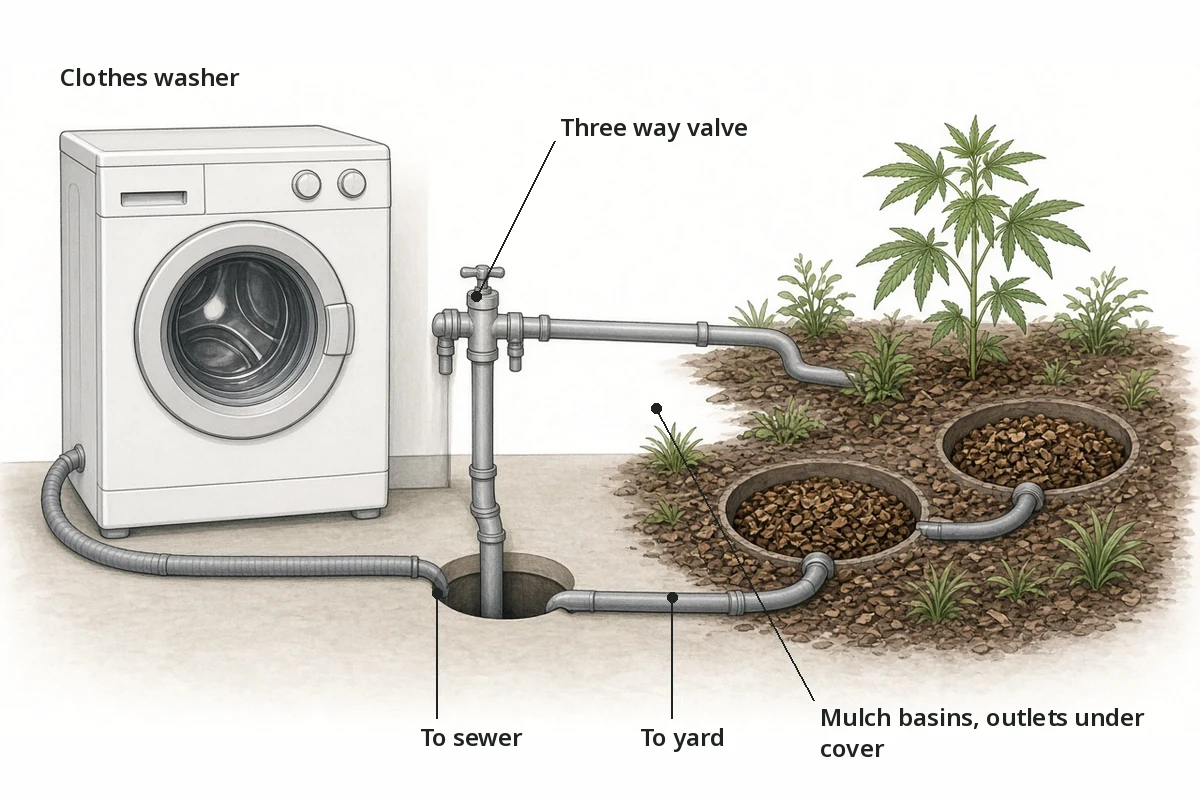 Diagram of a washer hose running to a three way valve that sends water to the sewer or to mulch basins in the yard