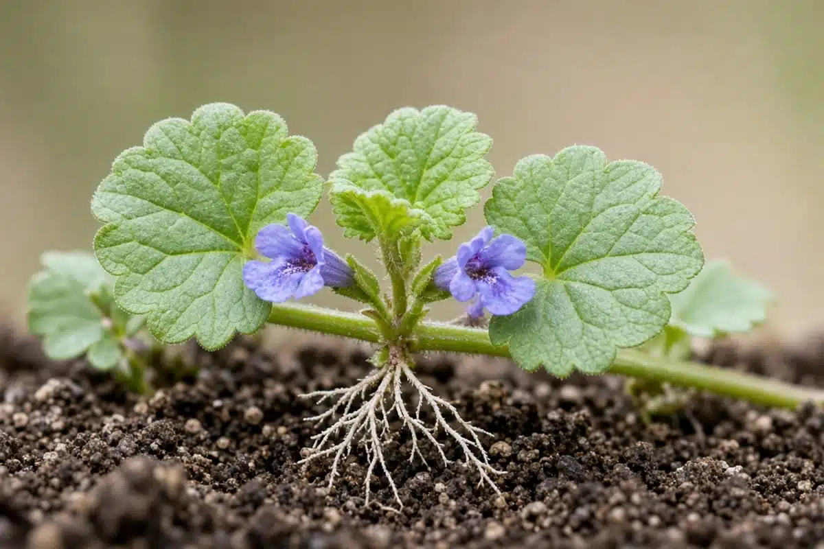 Ground ivy with round scalloped leaves, purple flowers and roots at a stem node