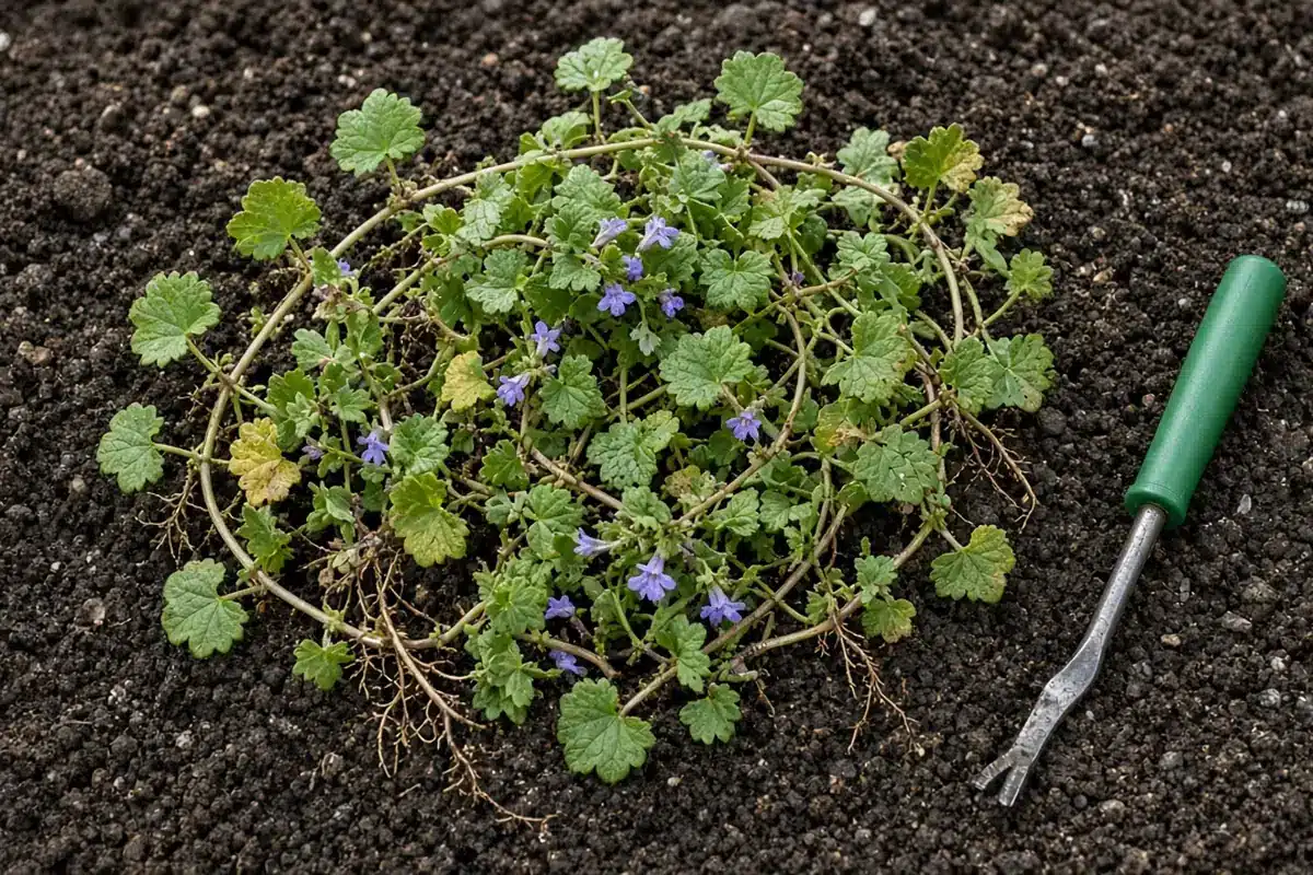 Pulled mat of ground ivy runners with purple flowers beside a green-handled hand weeder