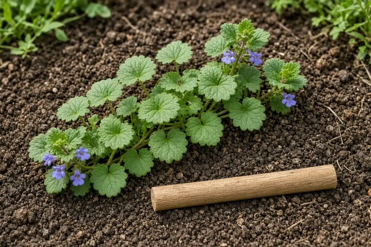 Creeping ground ivy runner with purple flowers on soil beside a wooden dowel