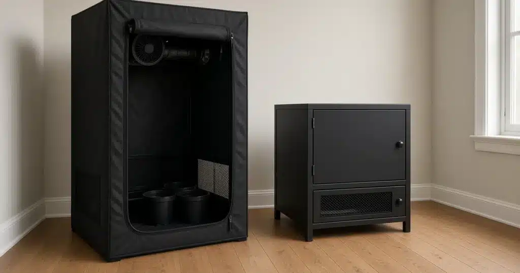 Open black fabric grow tent with empty pots and an inline fan beside a smaller closed black metal grow box cabinet on a wooden floor in a bright room
