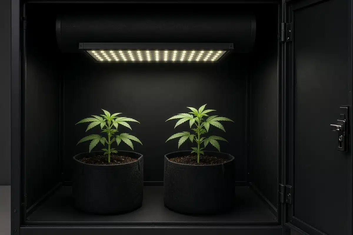 Black metal grow box with its door open, showing an LED panel above two young cannabis plants in black fabric pots