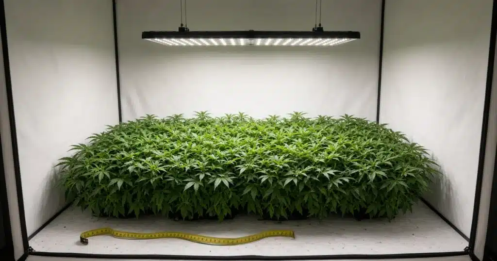 Grow Light Watts per Square Foot: LED light over a cannabis tent with a tape measure